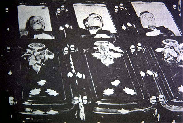 The caskets of Tom McLaury, Frank McLaury, and Billy Clanton, the casualties of the gunfight at the O.K. Corral, October 1881.